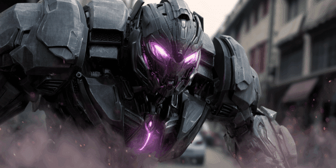 un gigantesque robot aux yeux violet lumineux