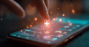 une main qui touche aux futuriste bouton "+"