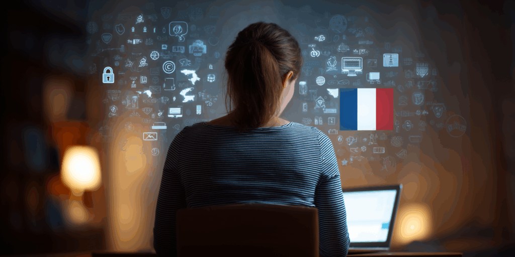 Vue de dos d’une utilisatrice heureuse sur son ordinateur portable, entourée d’icônes numériques représentant la sécurité, la confidentialité des données et un drapeau français flottant