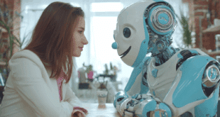 Une femme faisant un entretien avec un robot IA
