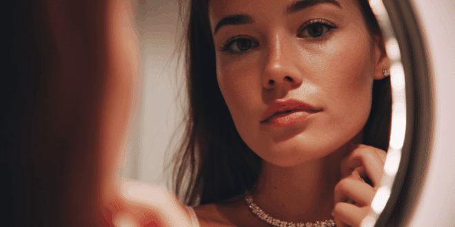 Une femme devant un miroir en train d'essayer un collier