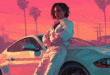 Une image de la fille sur GTA 6 avec une voiture derrière elle