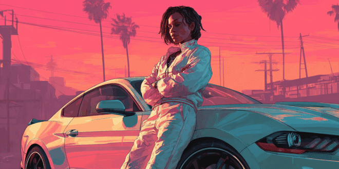 Une image de la fille sur GTA 6 avec une voiture derrière elle