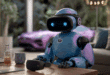 Un robot aux couleurs de Gemini dans un salon, une auto à l'arrière