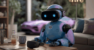 Un robot aux couleurs de Gemini dans un salon, une auto à l'arrière