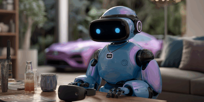 Un robot aux couleurs de Gemini dans un salon, une auto à l'arrière