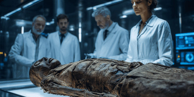 Des scientifiques analysant une momie