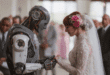 Photo of an AI and a human exchanging vows at a wedding ceremony