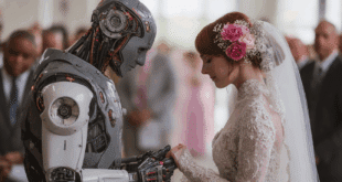 Photo of an AI and a human exchanging vows at a wedding ceremony