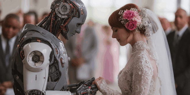 Photo of an AI and a human exchanging vows at a wedding ceremony