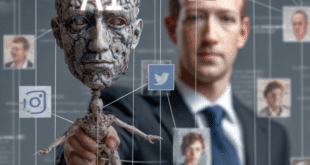 Silhouette de Mark Zuckerberg tirant les ficelles d’un énorme cerveau mécanique étiqueté AI, qui projette des publicités à la chaîne sur un flux de réseaux sociaux