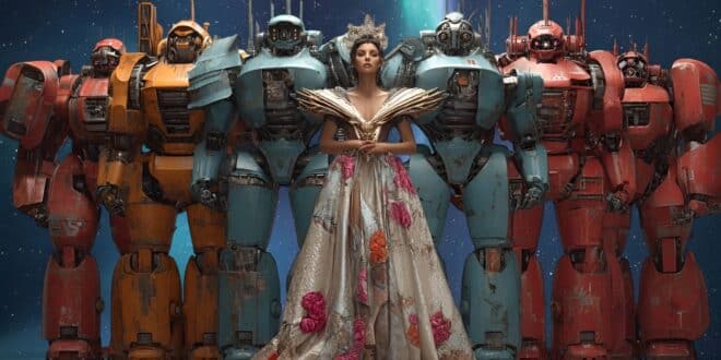 une reine devant les robots qu'elle dirige