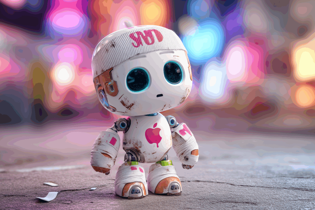 Un robot avec le logo d'Apple portant des bandages partout