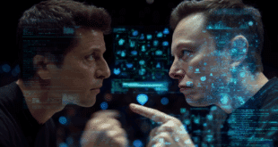 Un face-à-face entre Sam Altman et Elon Musk, chacun tenant une interface d’application futuriste dans sa main