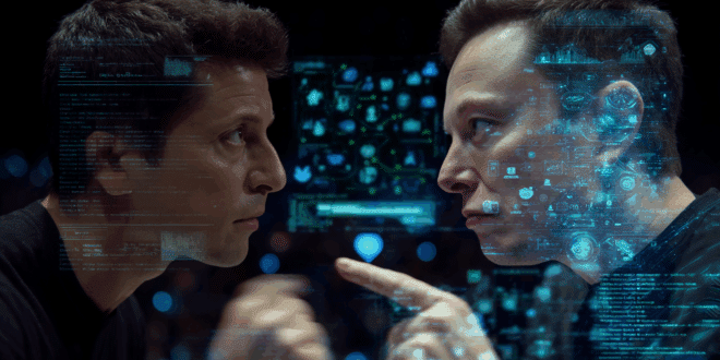 Un face-à-face entre Sam Altman et Elon Musk, chacun tenant une interface d’application futuriste dans sa main