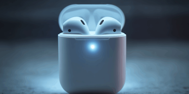 Un gros plan sur une paire d’AirPods où l’on voit subtilement une mini-caméra intégrée