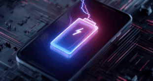 Un iPhone stylisé affichant une icône de batterie qui se remplit très vite, avec des effets lumineux
