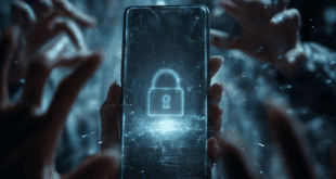 Un smartphone Android au centre, entouré d’un cadenas digital futuriste qui semble protéger l’appareil