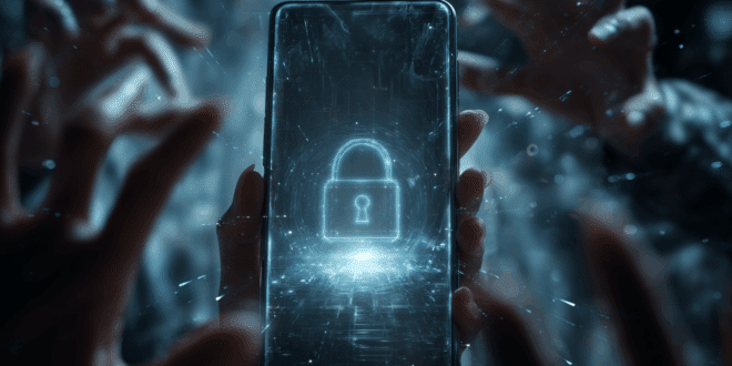 Un smartphone Android au centre, entouré d’un cadenas digital futuriste qui semble protéger l’appareil