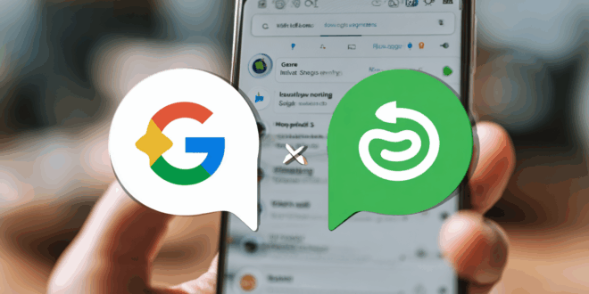 Un smartphone Android tenu en main, affichant deux bulles de dialogue Google et OpenAI