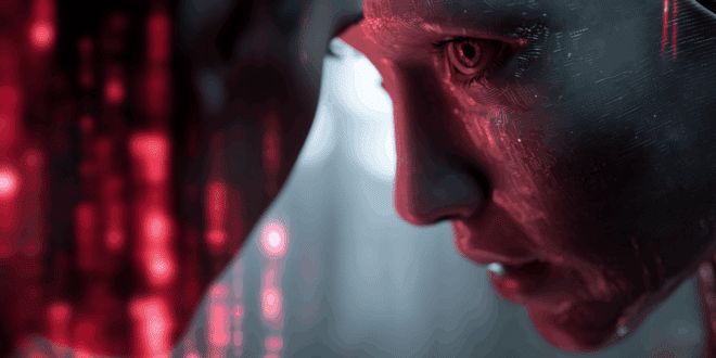 Un visage humanoïde d’IA (mi-machine, mi-humain), avec un regard neutre mais perçant, se tenant face à un humain flou ou en ombre, dans une atmosphère tendue.