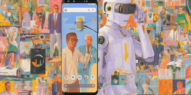 Un visuel sous forme de collage qui regroupe plusieurs éléments attendus lors de Google IO 2025, un smartphone Android, un assistant virtuel, une interface de Gemini, et autres