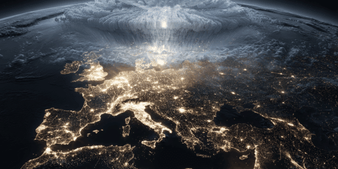 Une carte de l’Europe en vue satellite nocturne, avec des points lumineux représentant les grandes villes
