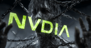 Une représentation stylisée du logo Nvidia, mais déformé ou fissuré, comme s’il se craquelait, pour symboliser un scandale ou une chute de confiance