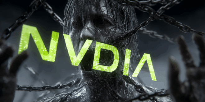 Une représentation stylisée du logo Nvidia, mais déformé ou fissuré, comme s’il se craquelait, pour symboliser un scandale ou une chute de confiance