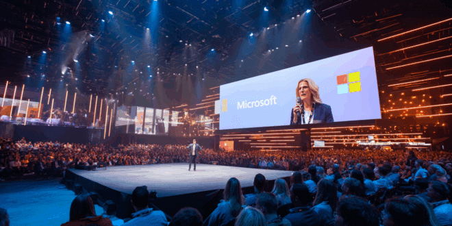 Une scène de conférence high-tech, avec une grande scène, un écran géant affichant le logo Microsoft Build, et un public surpris en arrière-plan. Au centre, un employé debout sur scène