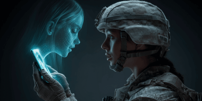 un militaire en appel holographique