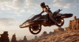 Une moto volante survole le desert.