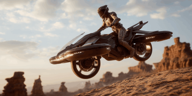 Une moto volante survole le desert.