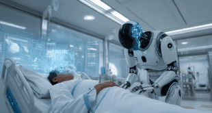 Un médecin IA examine un patient virtuel dans un hôpital numérique.