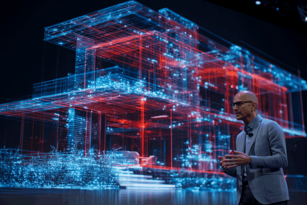 Le PDG de Microsoft devant une hologramme de maison moderne