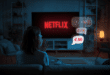 personne assise sur un canapé, surpris ou choqué en regardant la télé avec le logo Netflix à l’écran