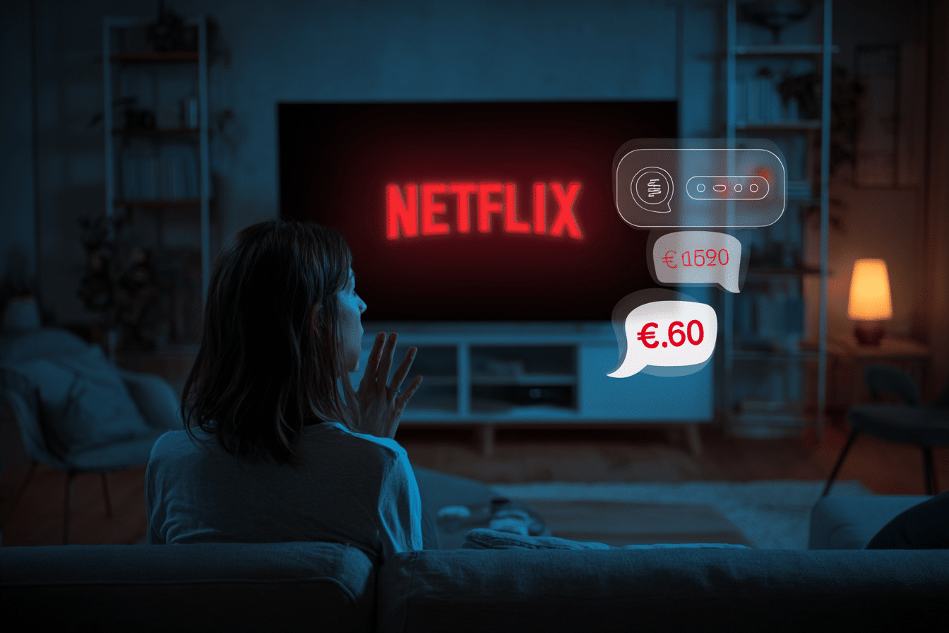 personne assise sur un canapé, surpris ou choqué en regardant la télé avec le logo Netflix à l’écran