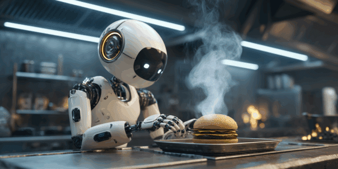 Un robot qui prépare des burgers.