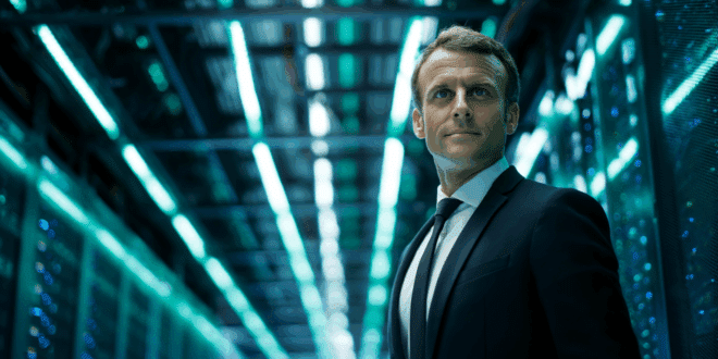 Emmanuel Macron devant un superordinateur français.