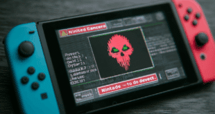 une Nintendo Switch avec une empreinte de pirate (comme un crochet ou un masque) sur l'écran, signalant la modification illégale de la console