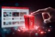 une main qui touche une corbeille rouge, un interface de site en arrière-plan