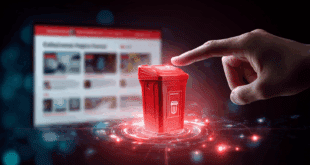 une main qui touche une corbeille rouge, un interface de site en arrière-plan