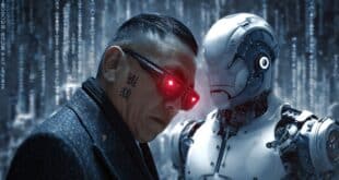 Un chinois du genre mafieux avec lunette rouge devant un robot