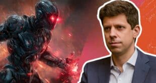 Un robot noir au yeux rouge et Sam Altman