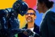 CEO de Google au milieu d'une humaine et d'un robot qui se tiennent la main