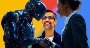 CEO de Google au milieu d'une humaine et d'un robot qui se tiennent la main