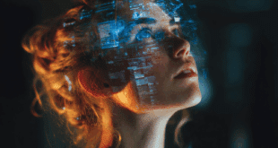 une tête de femme entourée d'hologrammes pour illustrer des idées
