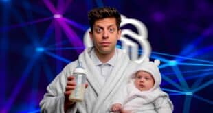 PDG d'OpenAI, bébé àla main, biberon dans l'autre,
