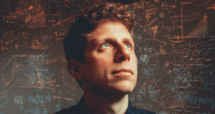 Sam Altman regardant vers un horizon brillant, avec des éléments visuels représentant l'IA en pleine évolution