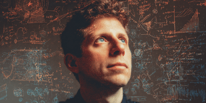 Sam Altman regardant vers un horizon brillant, avec des éléments visuels représentant l'IA en pleine évolution